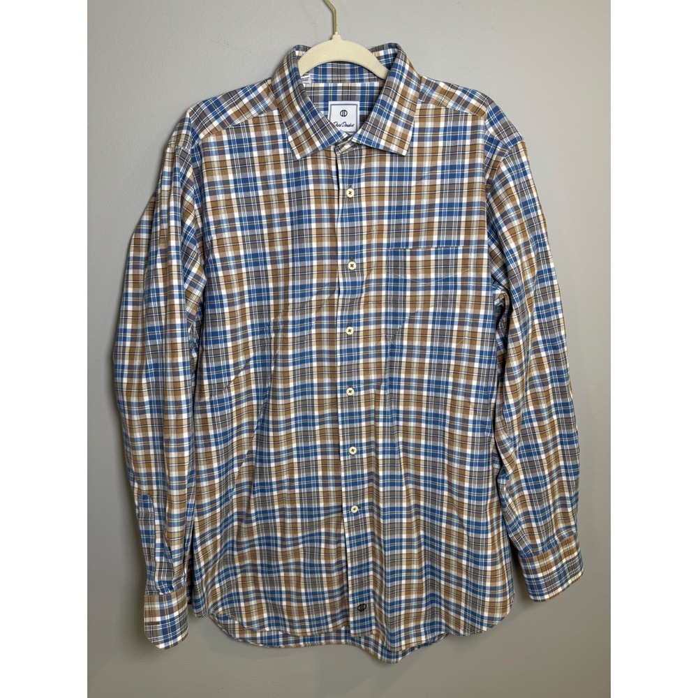 David Donahue Mens XL Blue Brown Plaid Long Sleeve Button Down Shirt Cotton